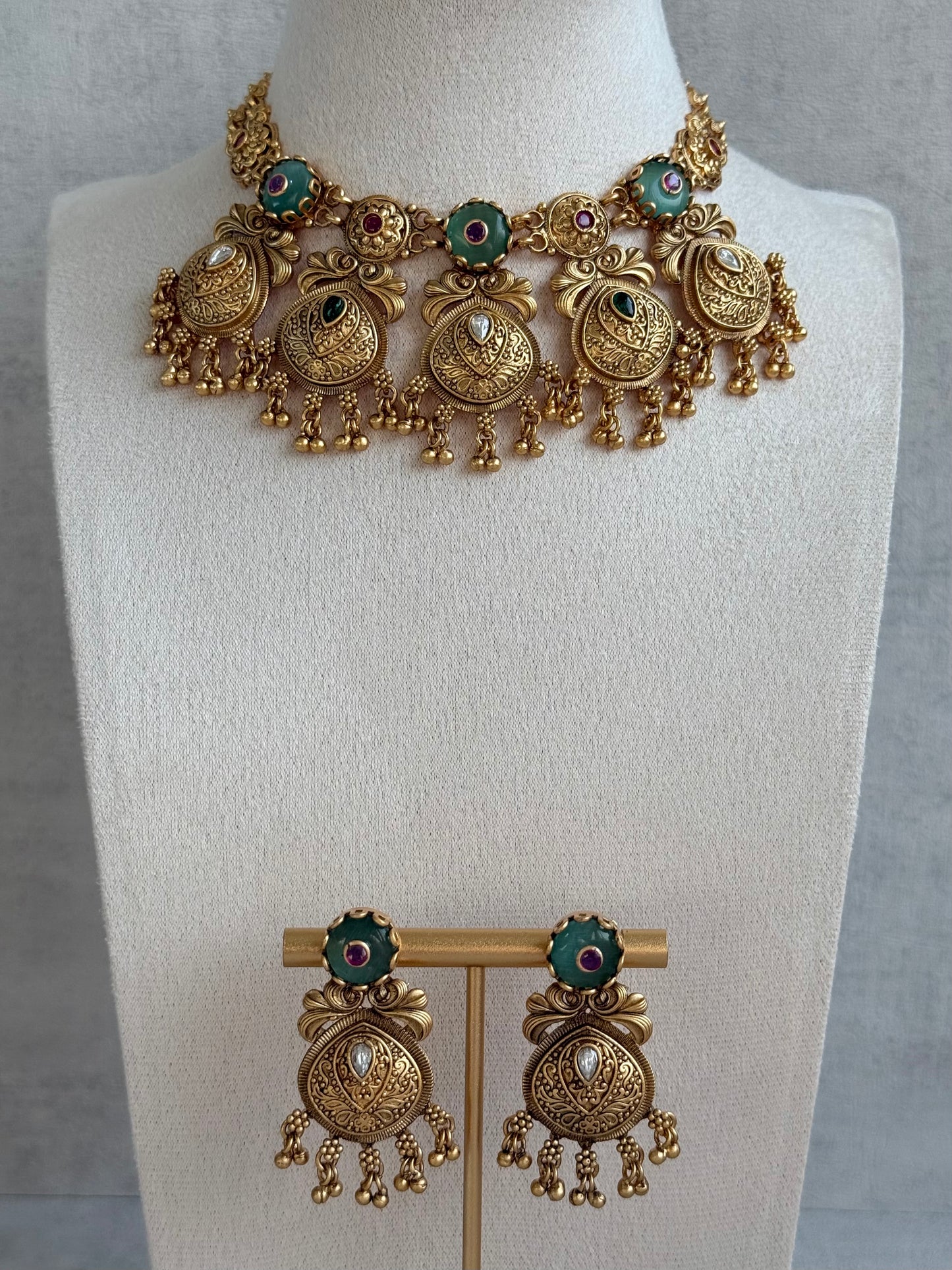 Ayura Designs Alera Set with Necklace & Earrings – Peacock Green and Rani Pink with Antique Gold Ghungroo Detailing