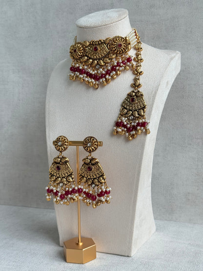 Ayura Designs Sairish Choker Set with Earrings & Tikka – Ruby Pink Beads, Pearl Detailing, Ghungroos, Paisley Motifs & Antique Gold Finish