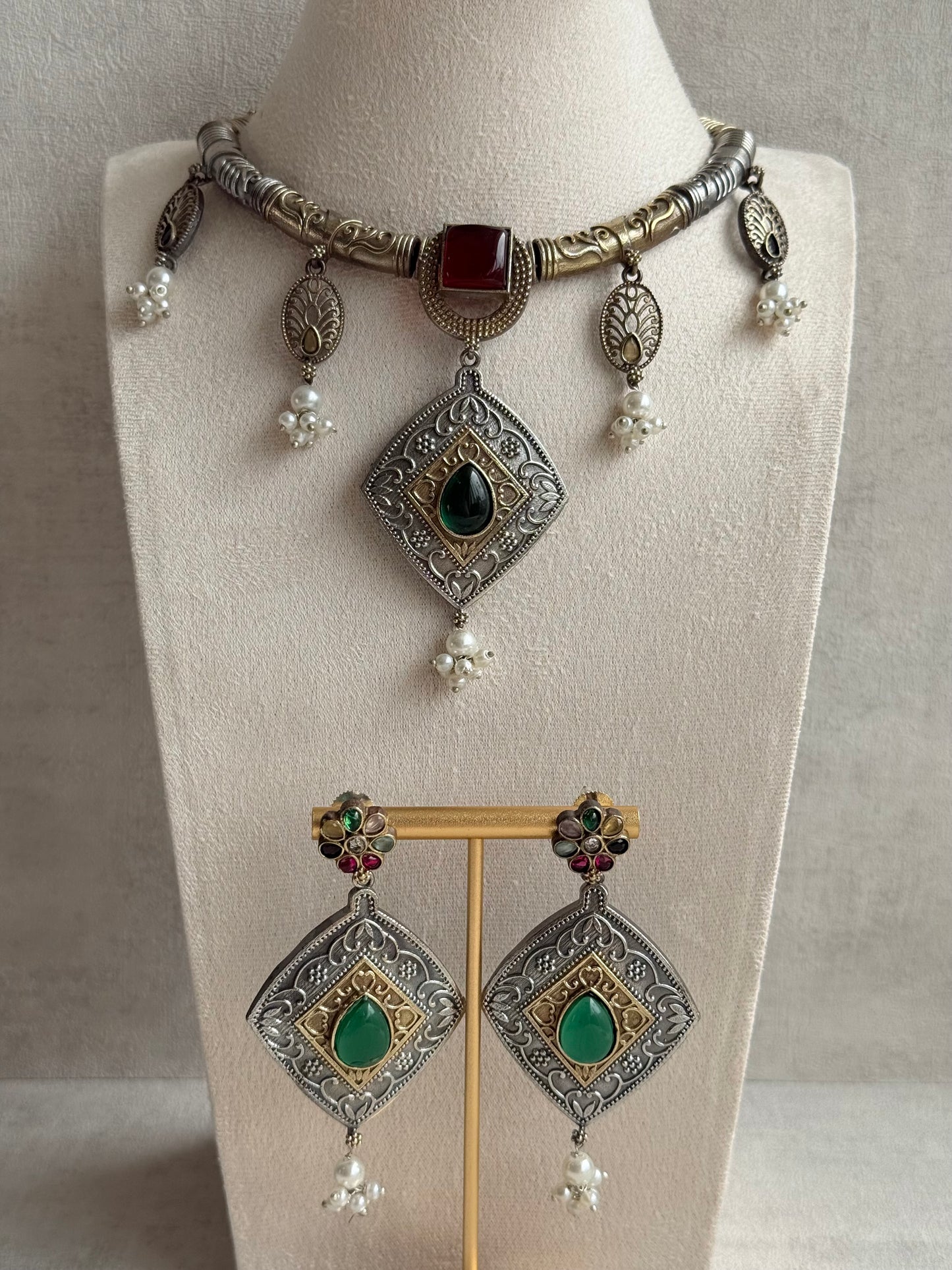 Ayura Designs Paayal Set with Earrings – Dual Tone Oxidised Necklace Set with Multicolour Stones & Pearl Clusters
