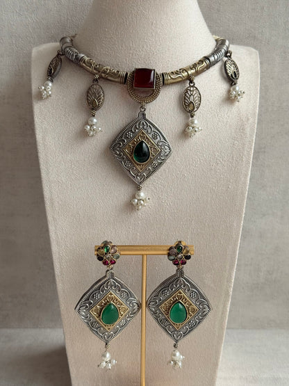 Ayura Designs Paayal Set with Earrings – Dual Tone Oxidised Necklace Set with Multicolour Stones & Pearl Clusters