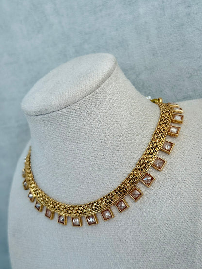 Ayura Designs Bhawani Set with Necklace & Stud Earrings – Square-Cut Kundan Stones in Antique Gold Finish
