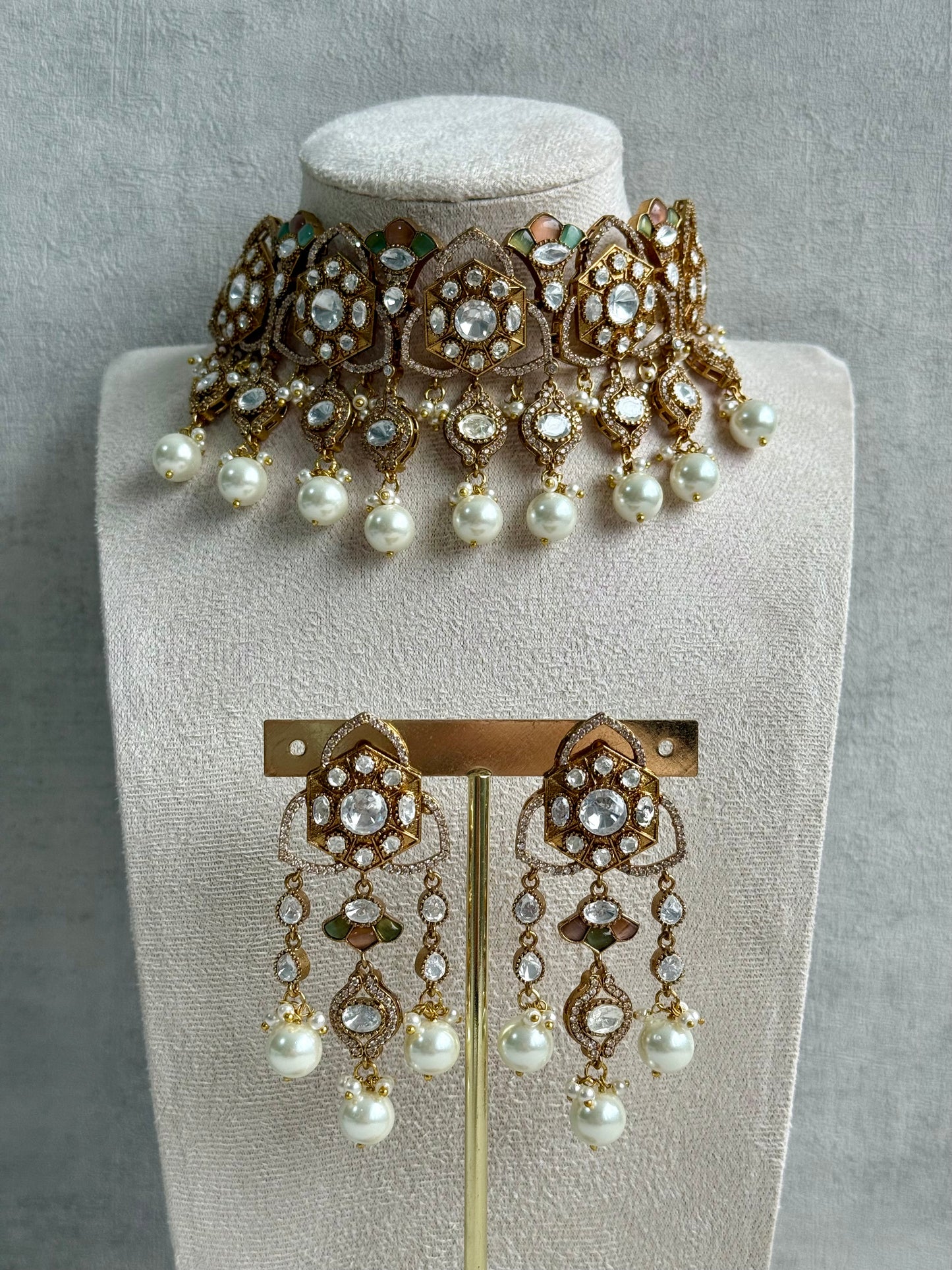 Ayura Designs Serina Choker Set with Earrings – Peach & Pistachio Enamel, Mirror-Cut Stones & Pearl Drops