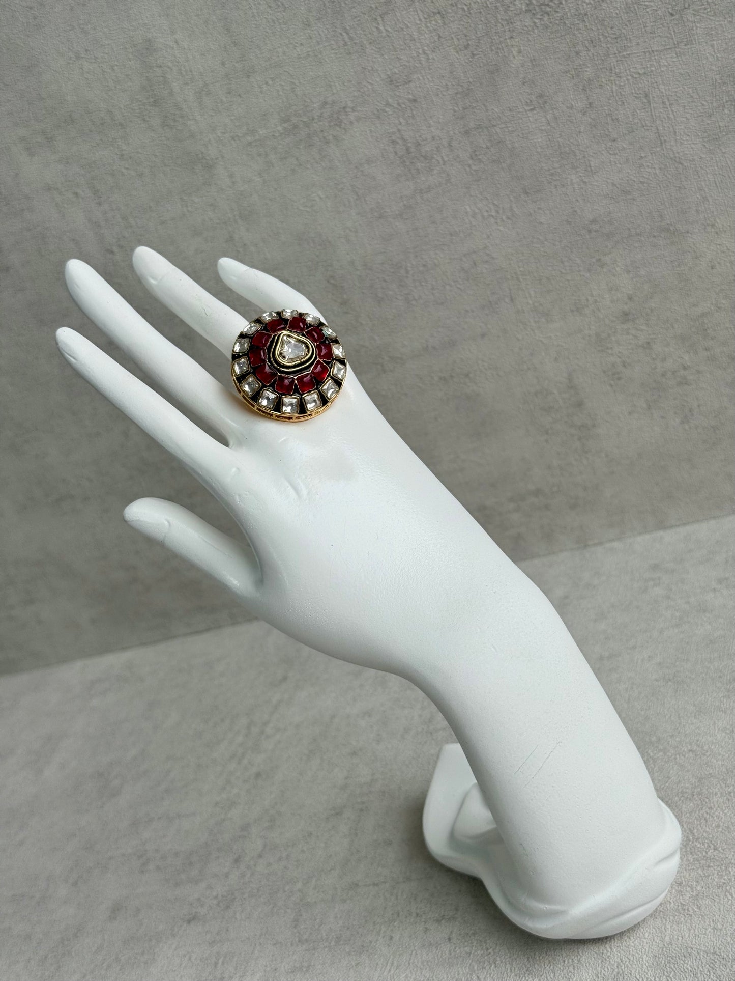 Ayura Designs Zaib Adjustable Ring – Mirror-Cut Stone with Green Enamel, Ruby Pink Accents & Crystal Detailing