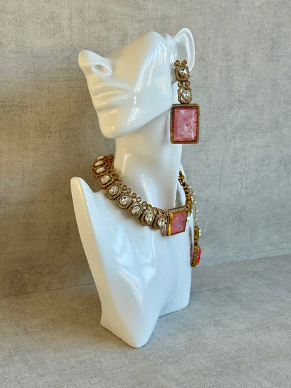 Ayura Designs Clara Set with Earrings and Tikka – Rose Quartz Pink Stones with Moissanite and Antique Gold Finish
