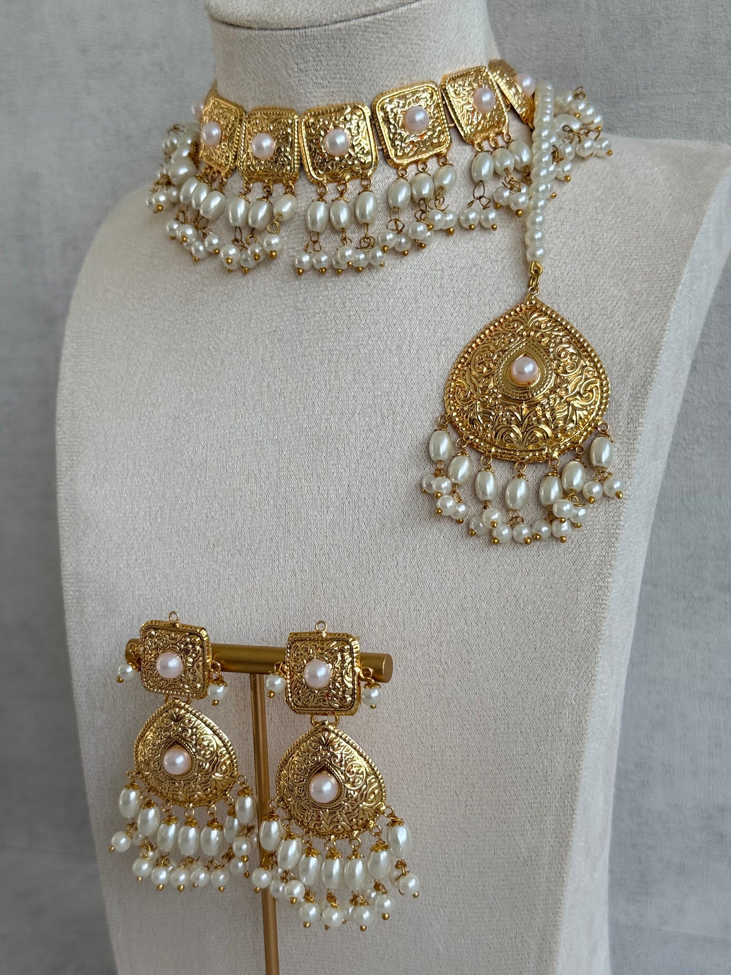 Ayura Designs Chetna Choker Set with Earrings & Tikka – Ivory Pearl Beads & Pearl Drops with Pipal Patti Detailing