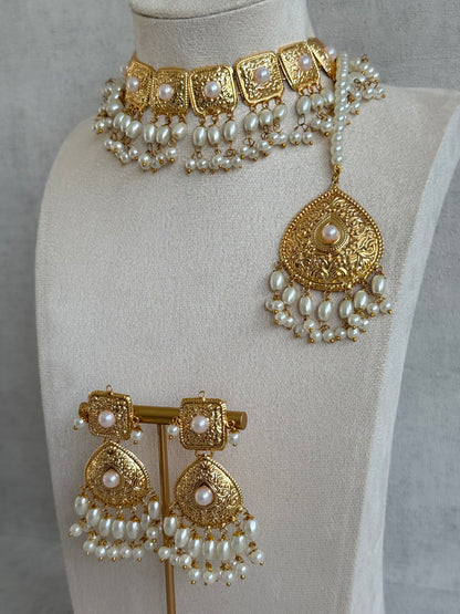 Ayura Designs Chetna Choker Set with Earrings & Tikka – Ivory Pearl Beads & Pearl Drops with Pipal Patti Detailing