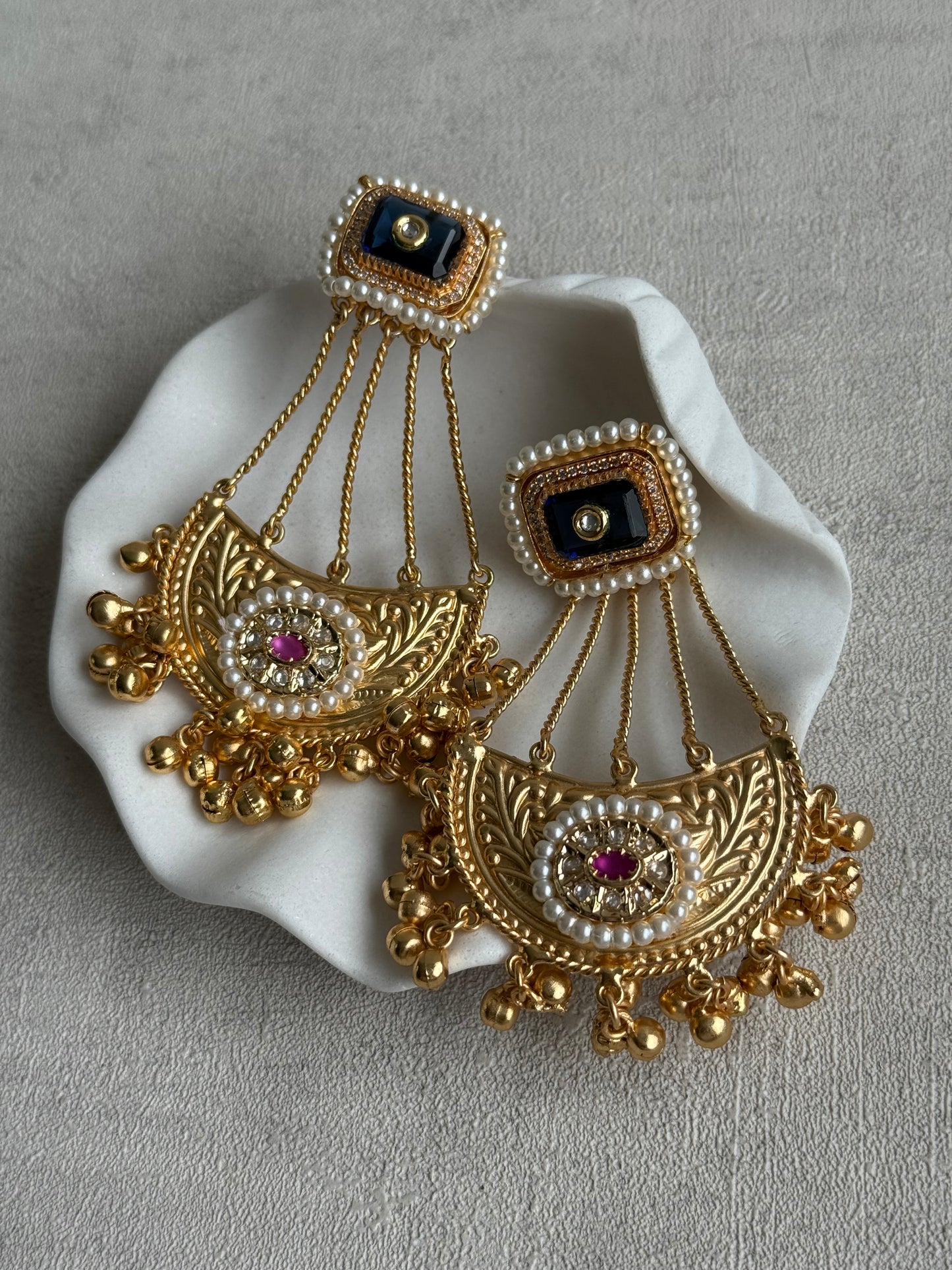 Ayura Designs Jheel Earrings – Navy Half-Moon Drops with Pearl Edging & Golden Ghungroos
