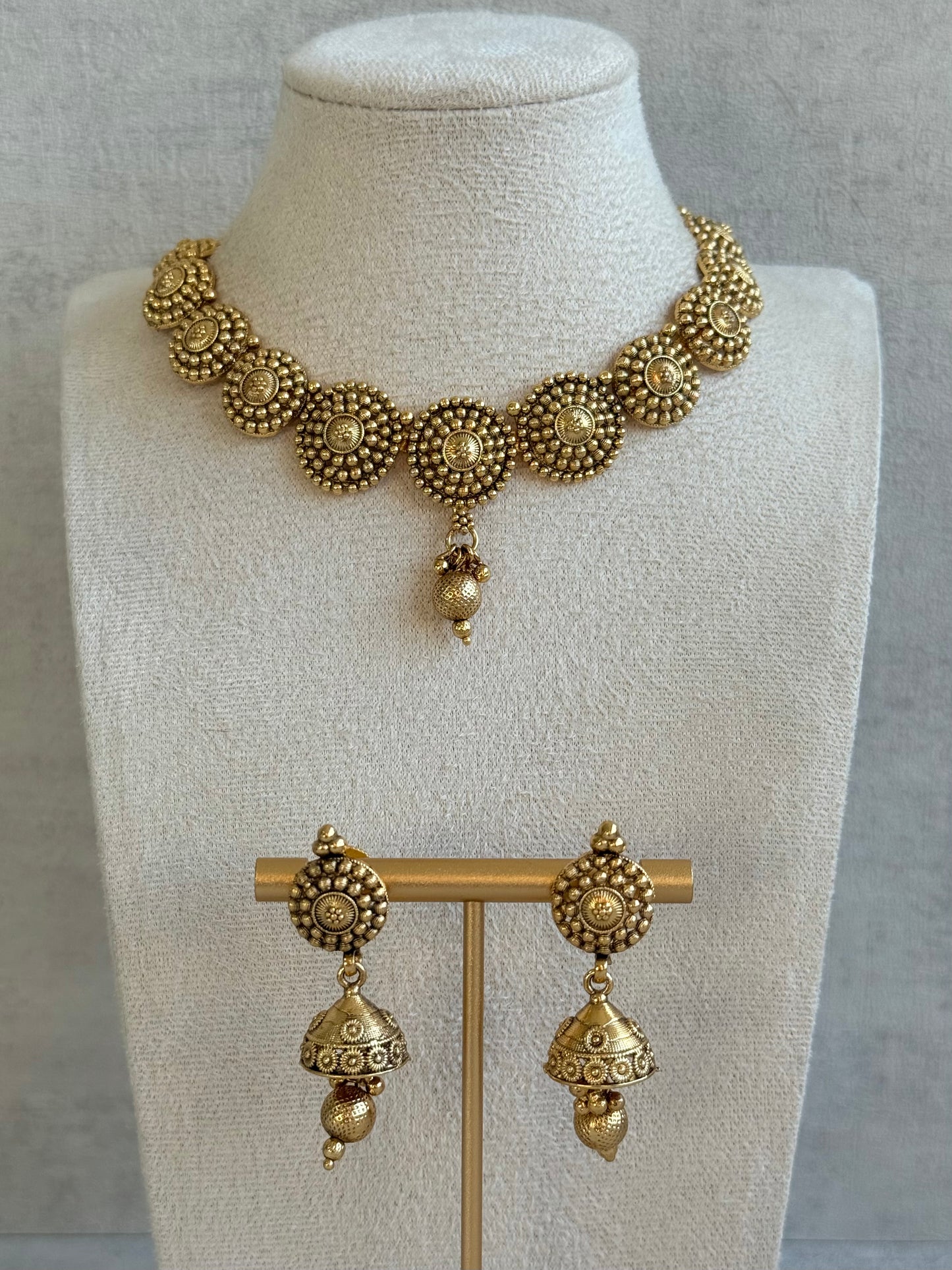 Ayura Designs Reet Set with Necklace & Jhumkis – Antique Gold with Textured Floral Motifs & Dome Drops