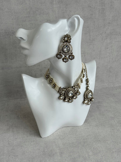 Ayura Designs Rahi Necklace Set with Earrings & Tikka – Ivory Pearl Stones with Mirror-Cut Detailing & Pearl Strands