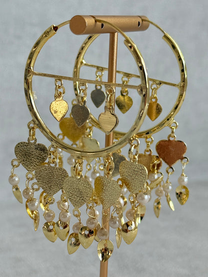 Ayura Designs Dilkash Balis – Gold Pipal Patti Heart Charm Hoop Earrings