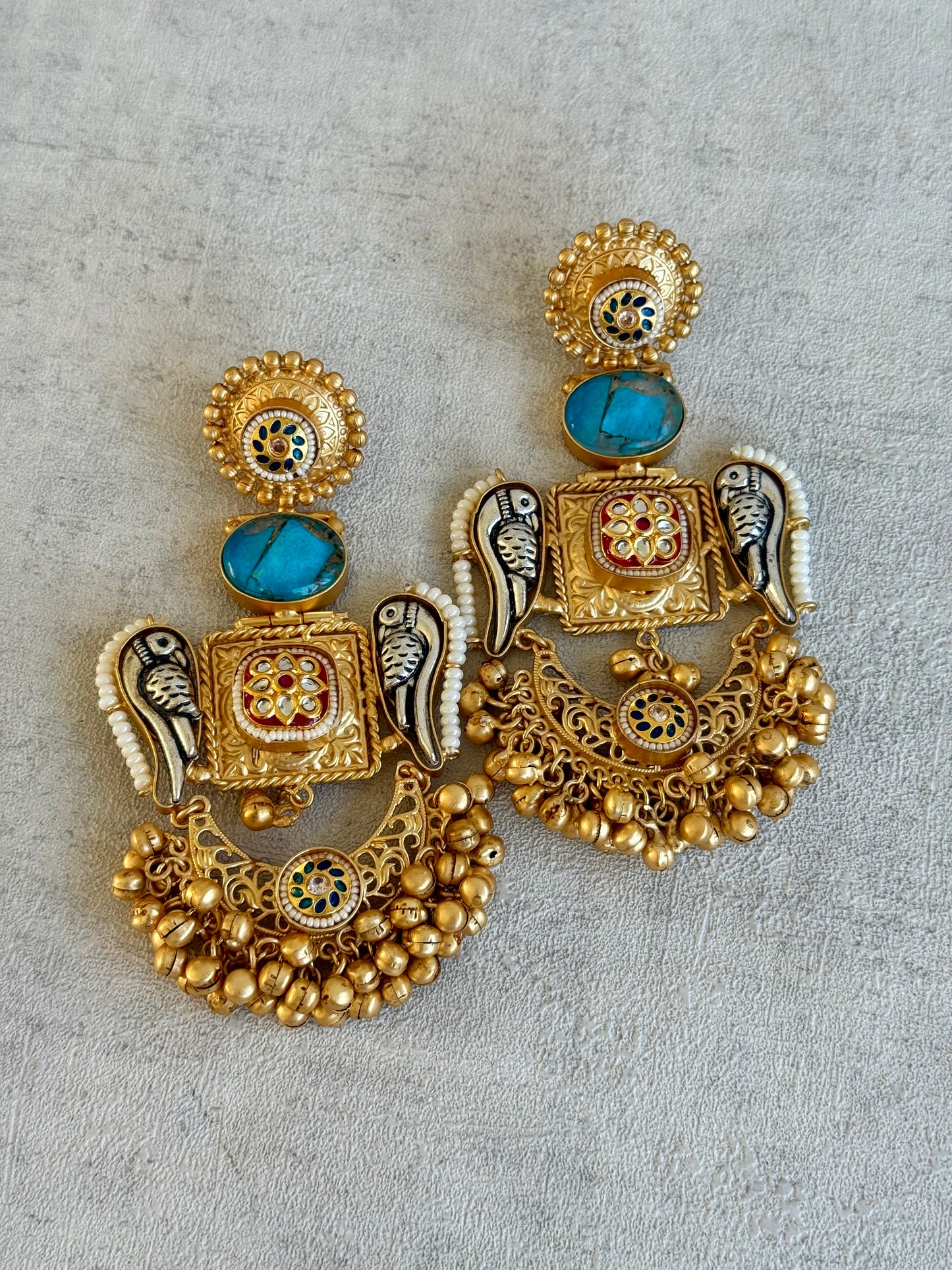 Ayura Designs Soha Earrings – Antique Gold with Turquoise Stone & Oxidised Parrots