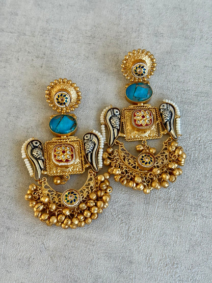 Ayura Designs Soha Earrings – Antique Gold with Turquoise Stone & Oxidised Parrots
