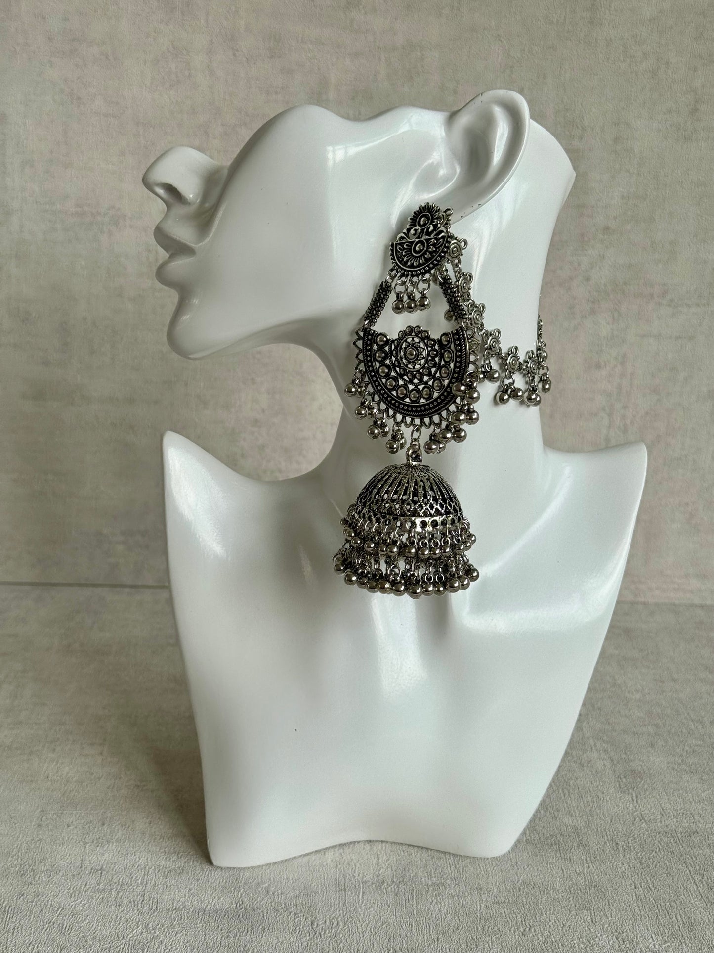 Ayura Designs Jhoomar Jhumkis – Oxidised Silver Earrings with Tribal Motifs, Ghungroos & Sahare