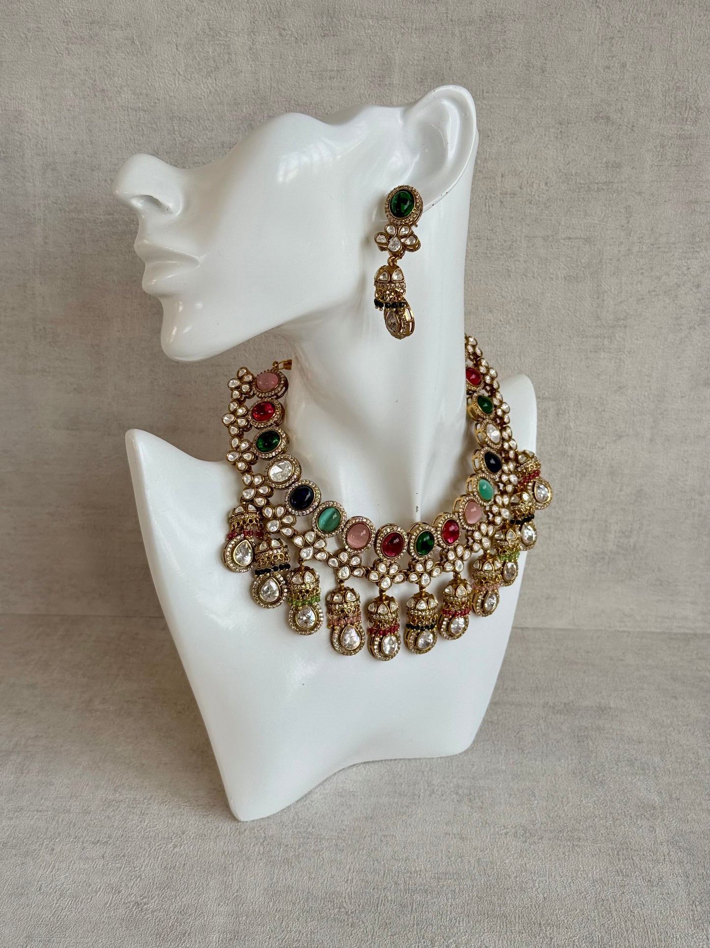 Ayura Designs Imara Set with Necklace & Jhumkis – Multicolour Stones with Kundan Detailing & Crystal Drop