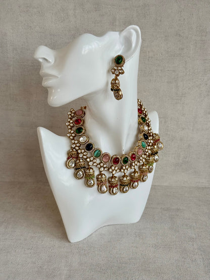 Ayura Designs Imara Set with Necklace & Jhumkis – Multicolour Stones with Kundan Detailing & Crystal Drop