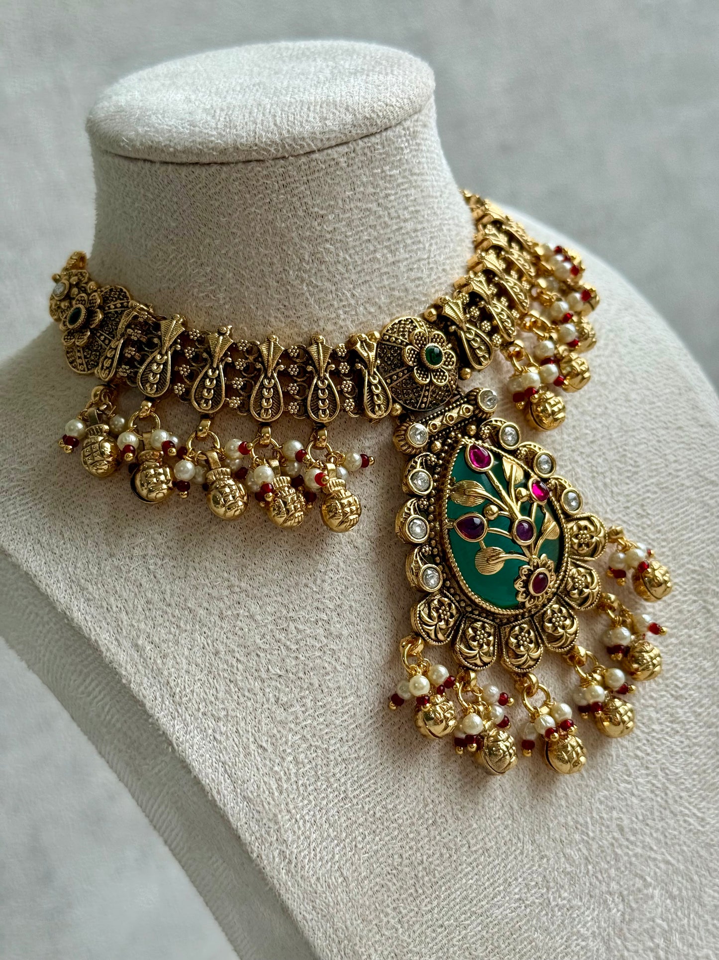 Ayura Designs Divya Set – Antique Gold Choker with Green Meenakari, Ruby Stones & Pearl Detailing