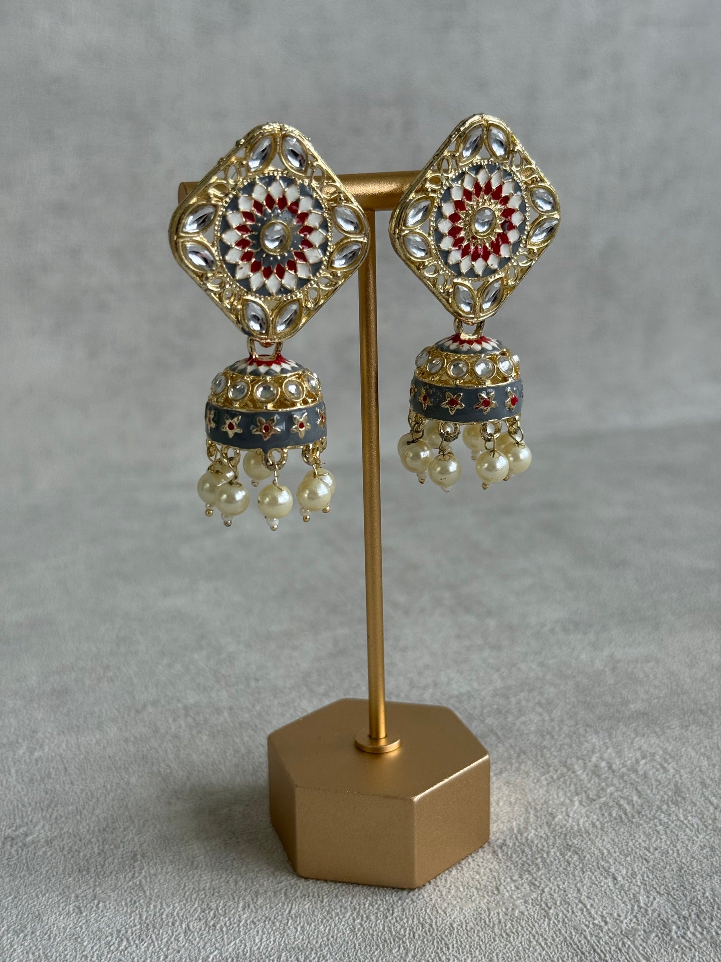 Ayura Designs Rangoli Jhumkis – Slate Grey, Ruby Red & Ivory Meenakari with Pearl Drops in Antique Gold Finish