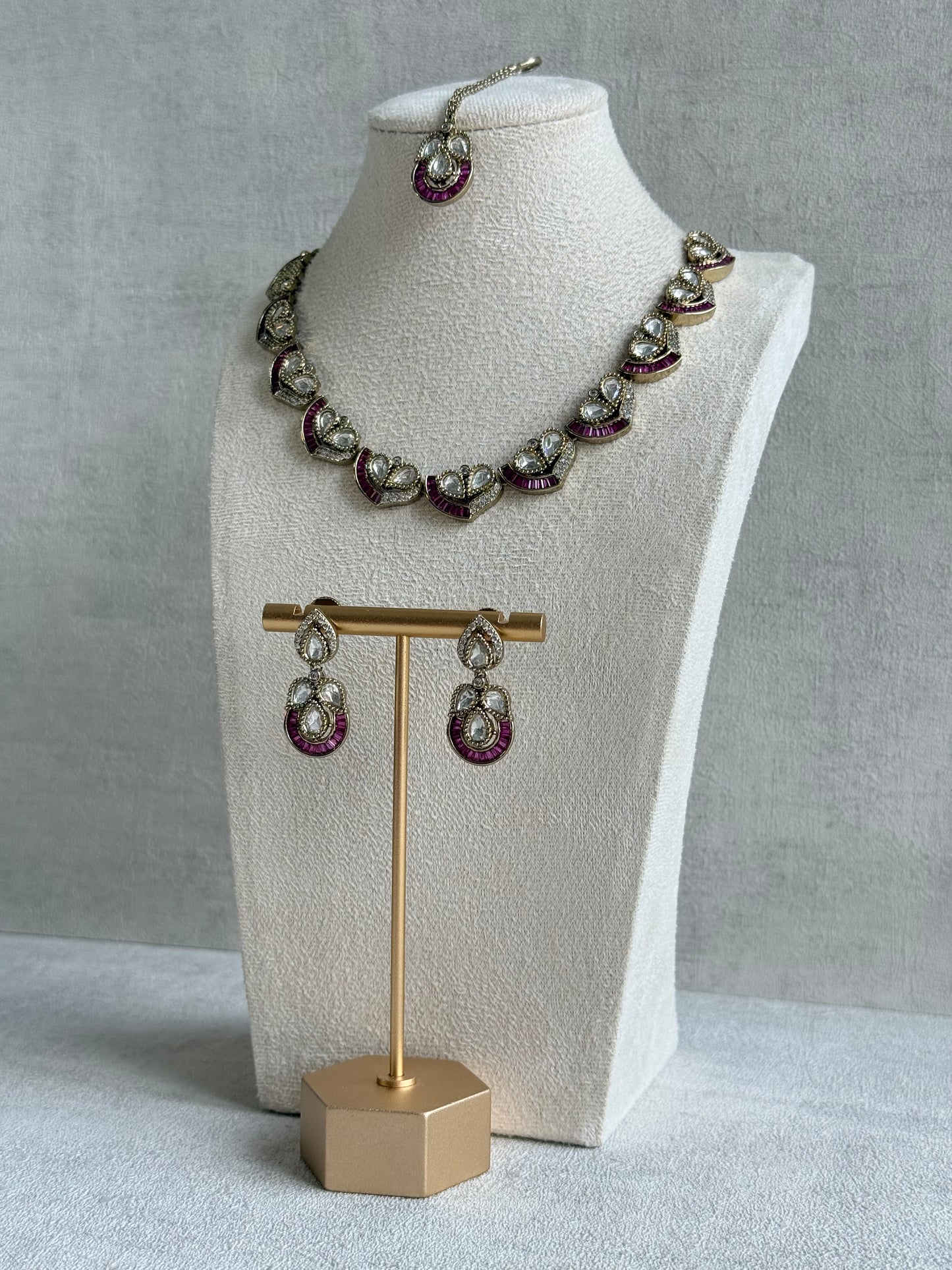 Ayura Designs Katalina Necklace Set with Earrings & Tikka – Rani Pink Stones, Crystals & Antique Gold Finish