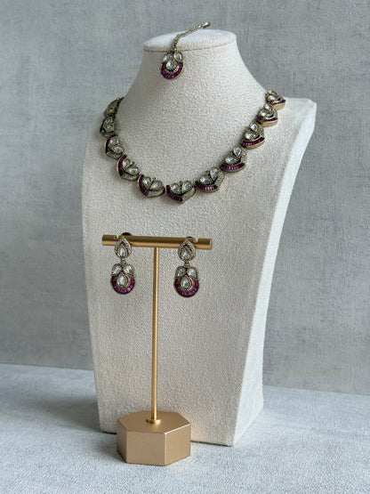 Ayura Designs Katalina Necklace Set with Earrings & Tikka – Rani Pink Stones, Crystals & Antique Gold Finish