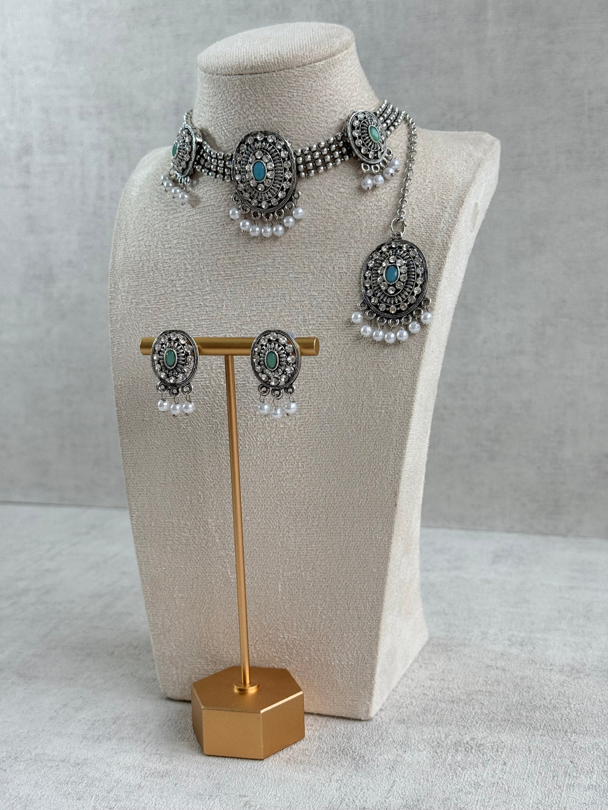 Ayura Designs Gauri Choker Necklace Set with Earrings & Tikka – Mint Green, Turquoise Blue & Crystal Stones with Oxidised Silver Finish
