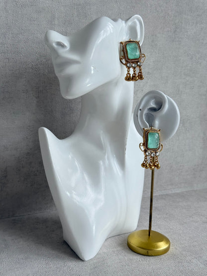 Ayura Designs Aleena Earrings – Aqua Jade Stone Stud Earrings with Pearls & Ghungroo Detailing