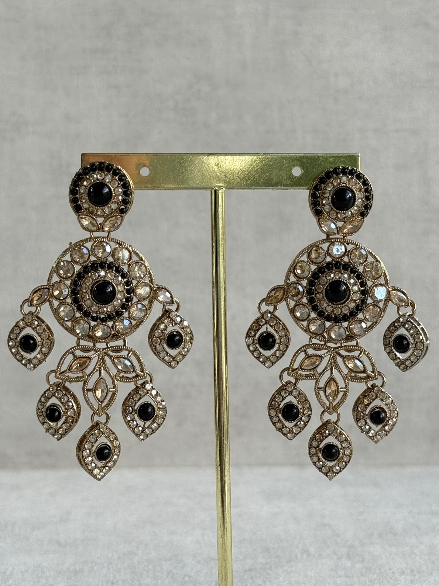Ayura Designs Vanika Earrings – Black & Champagne Crystal Gold Finish