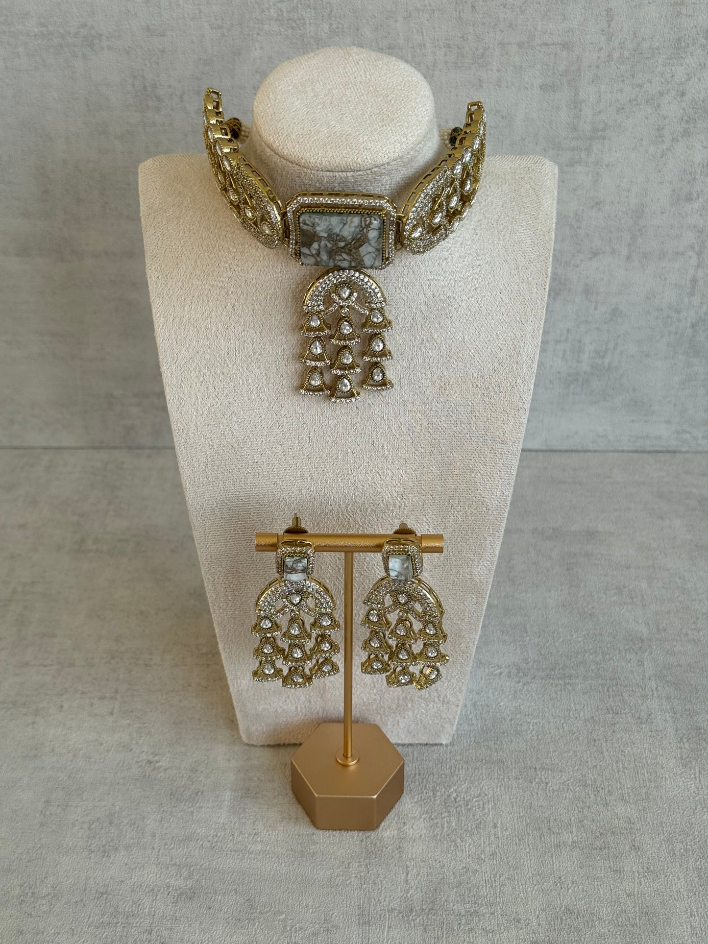 Ayura Designs Isla Choker Set with Earrings – All-White Marble & Moissanite Stones