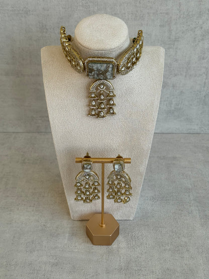 Ayura Designs Isla Choker Set with Earrings – All-White Marble & Moissanite Stones