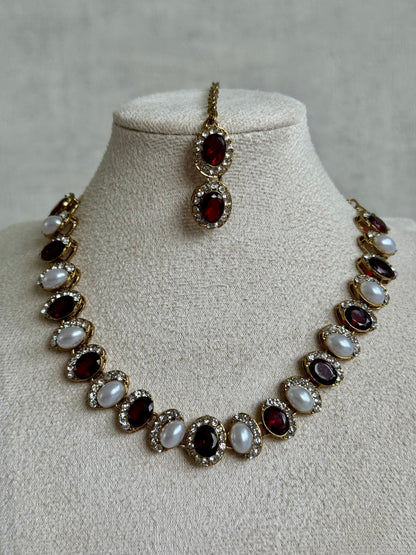 Ayura Designs Eira Set – Necklace, Earrings & Tikka with Blush Pink & Ivory Oval Stones in Antique Gold