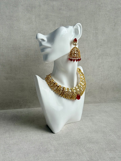 Ayura Designs Rami Collar Set with Jhumkis – Sculpted Gold Collar with Ruby Red Stone and Crystal Detailing