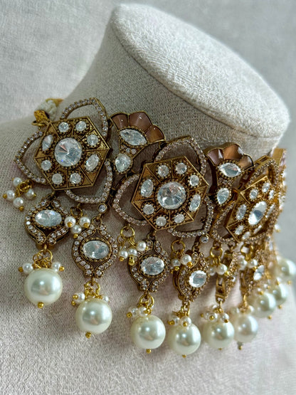 Ayura Designs Serina Choker Set with Earrings – Nude Blush Enamel, Mirror-Cut Stones & Pearl Drops
