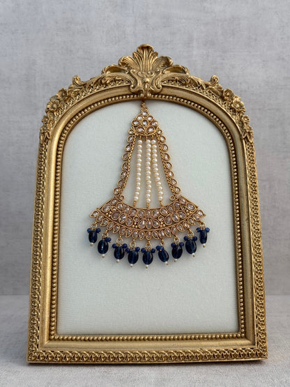 Ayura Designs Ramzi Jhoomar Passa – Antique Gold with Kundan Detailing, Pearl Strands & Ink Blue Drops