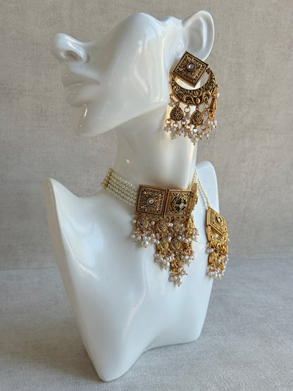 Ayura Designs Samera Choker Set with Earrings & Tikka – Ivory Beads, Pearl Detailing, Green Centre Stone, Floral Motifs & Antique Gold Finish