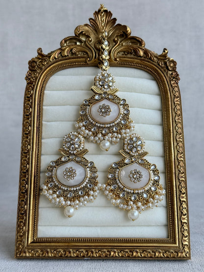 Ayura Designs Asra Tikka Set with Earrings – Ivory Stone, Kundan & Pearl Detailing