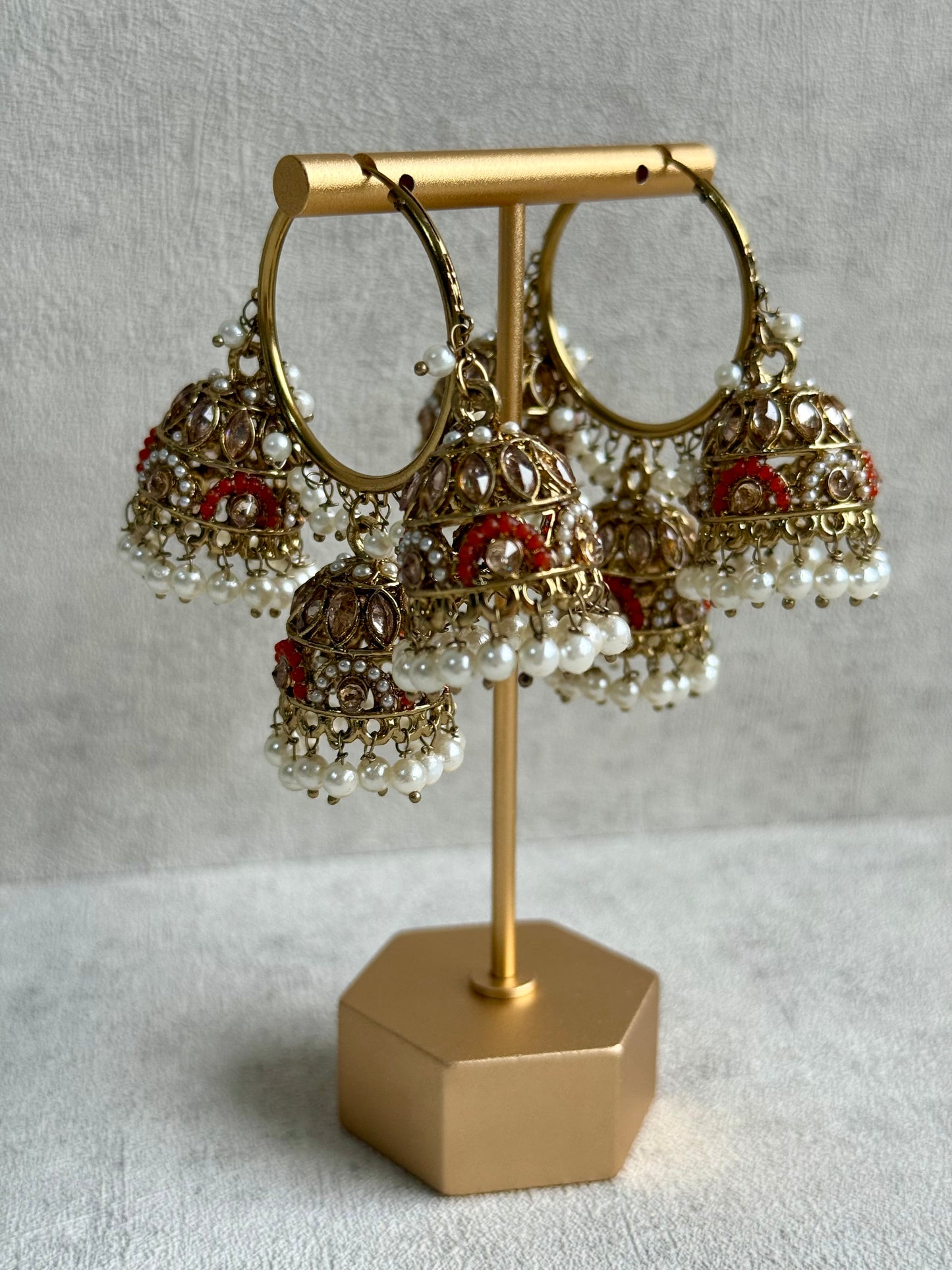 Ayura Designs Nakhra Balis – Orange Triple Dome Earrings with Mirror-Cut Stones & Pearl Detailing