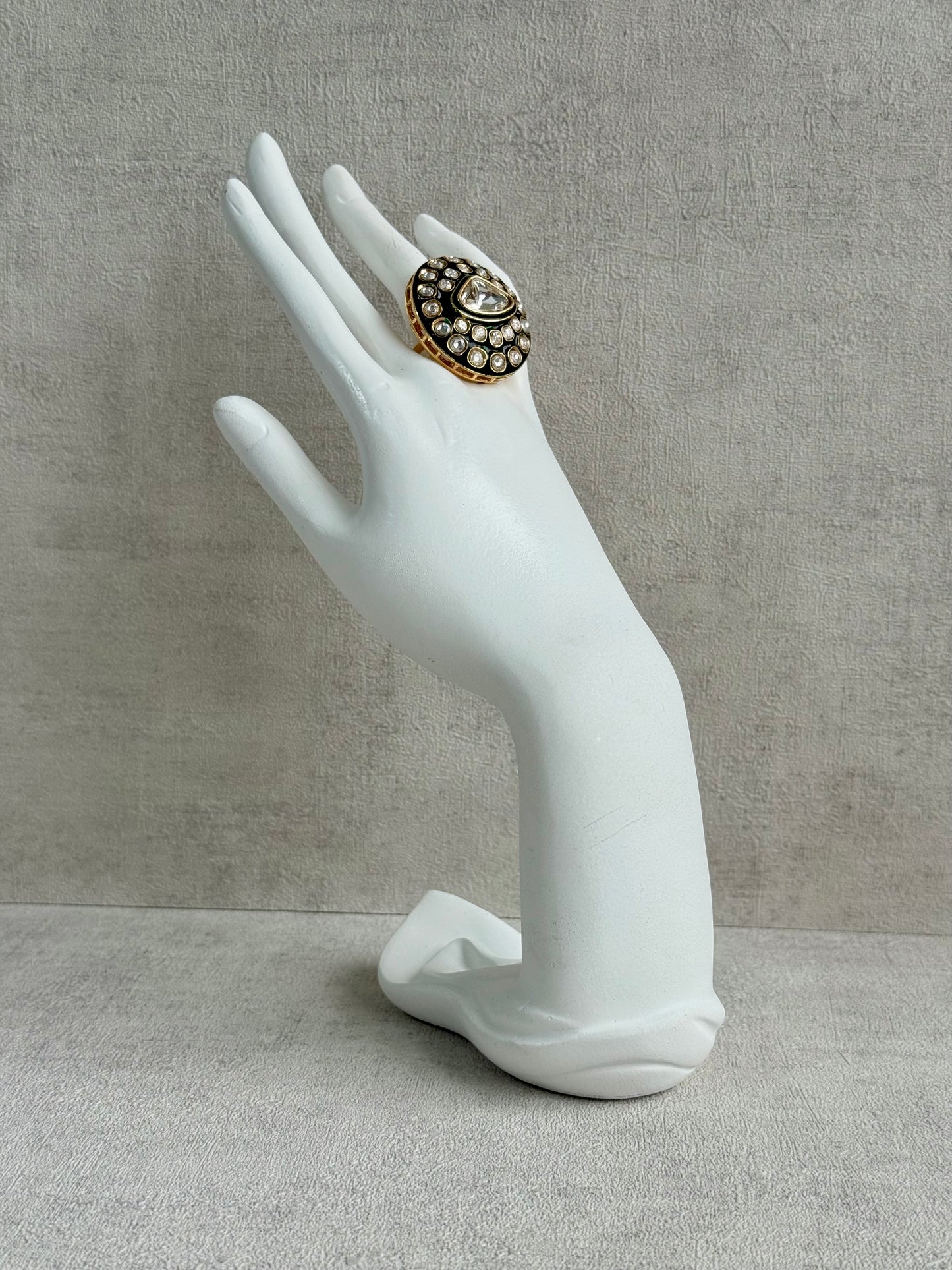 Ayura Designs Firdos Adjustable Ring – Mirror-Cut Stone Statement Ring with Green Enamel