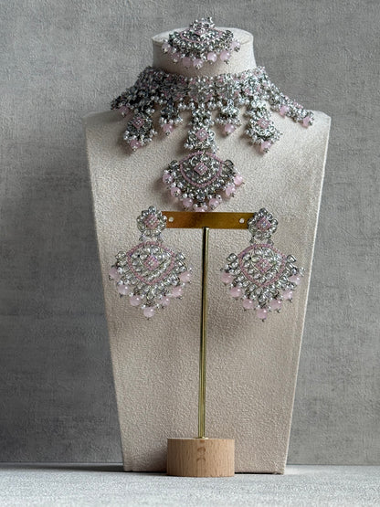 Ayura Designs Kanika Set – Necklace, Earrings & Tikka with Blush Pink Beads, Mirror-Cut Stones & Silver Finish