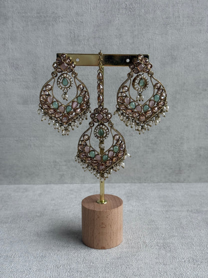 Ayura Designs Damini Tikka Set – Mirror-Cut Kundan Earrings & Tikka with Mint & Blush Enamel and Pearl Detailing