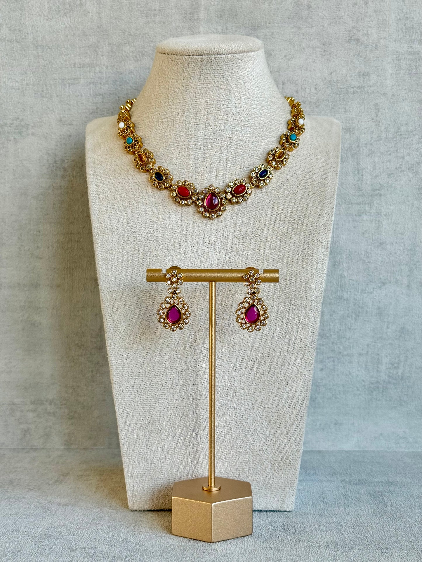 Ayura Designs Maanya Set with Earrings – Multicolour Stones with Rani Pink Centre & Crystal Detailing