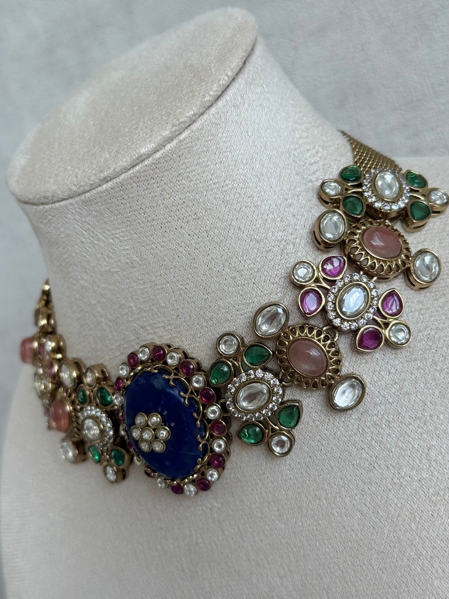 Ayura Designs Nova Necklace Set with Stud Earrings – Sapphire Blue Centre Stone, Kundan Detailing & Multicolour Gemstone Accents