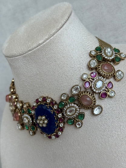 Ayura Designs Nova Necklace Set with Stud Earrings – Sapphire Blue Centre Stone, Kundan Detailing & Multicolour Gemstone Accents