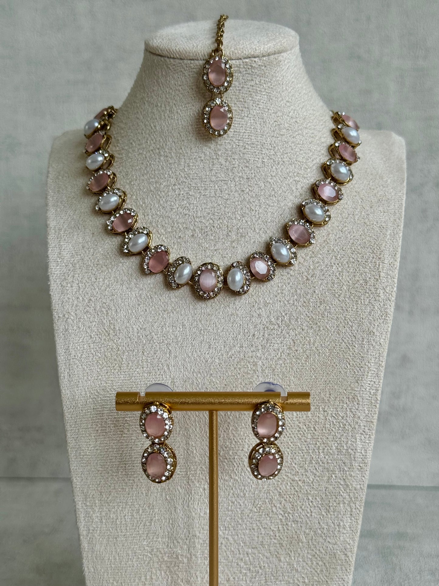 Ayura Designs Eira Set – Necklace, Earrings & Tikka with Blush Pink & Ivory Oval Stones in Antique Gold