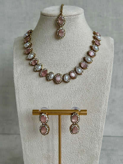 Ayura Designs Eira Set – Necklace, Earrings & Tikka with Blush Pink & Ivory Oval Stones in Antique Gold