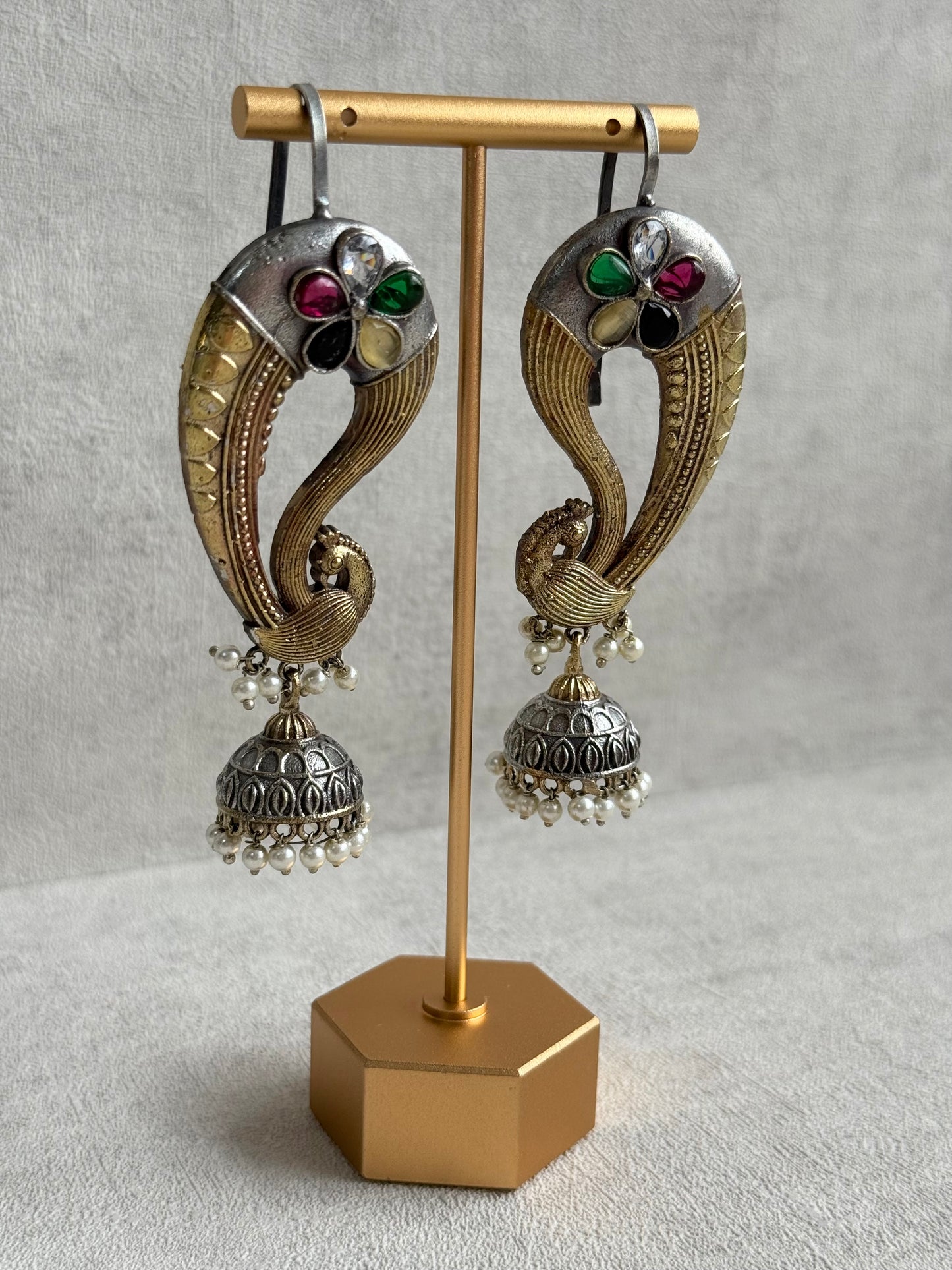 Ayura Designs Moorni Earrings – Dual Tone Oxidised Peacock Ear Climbers with Multicolour Stones & Pearl Jhumki Drops