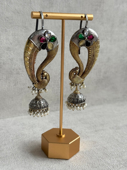 Ayura Designs Moorni Earrings – Dual Tone Oxidised Peacock Ear Climbers with Multicolour Stones & Pearl Jhumki Drops