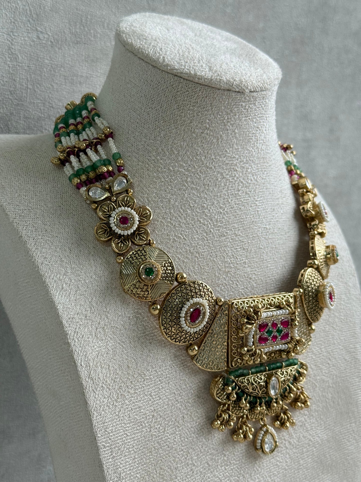 Ayura Designs Purvi Set – Necklace & Earrings with Antique Gold Filigree, Ruby, Emerald & Pearl Detailing