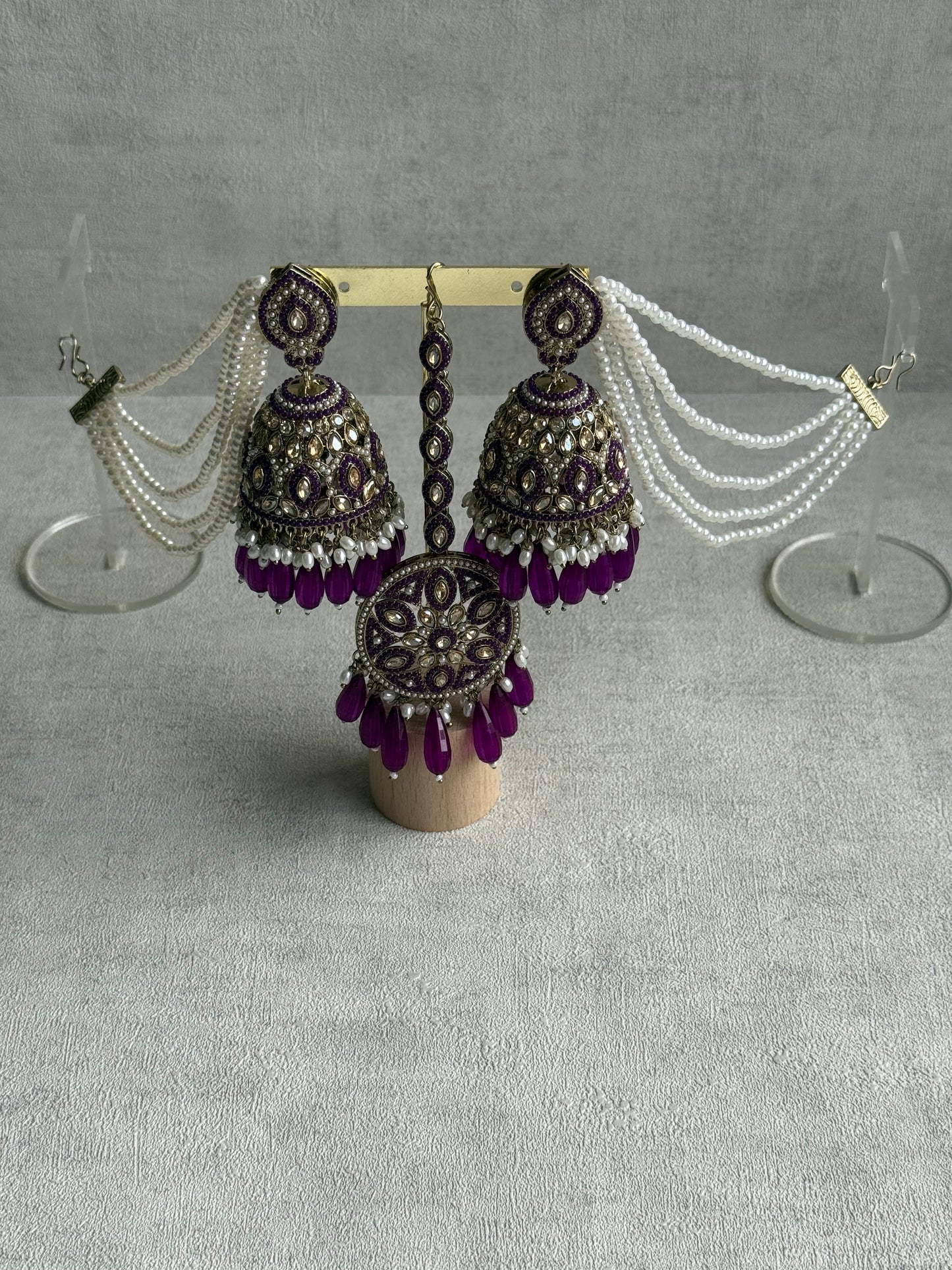 Ayura Designs Amrita Set – Jhumkis with Sahare & Tikka in Berry Purple, Pearls and Antique Gold Finish