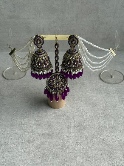 Ayura Designs Amrita Set – Jhumkis with Sahare & Tikka in Berry Purple, Pearls and Antique Gold Finish