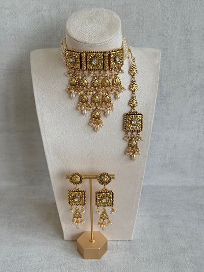 Ayura Designs Nimrah Choker Set with Earrings & Tikka – Ivory Pearl Gold Tone Waterfall Jewellery Set