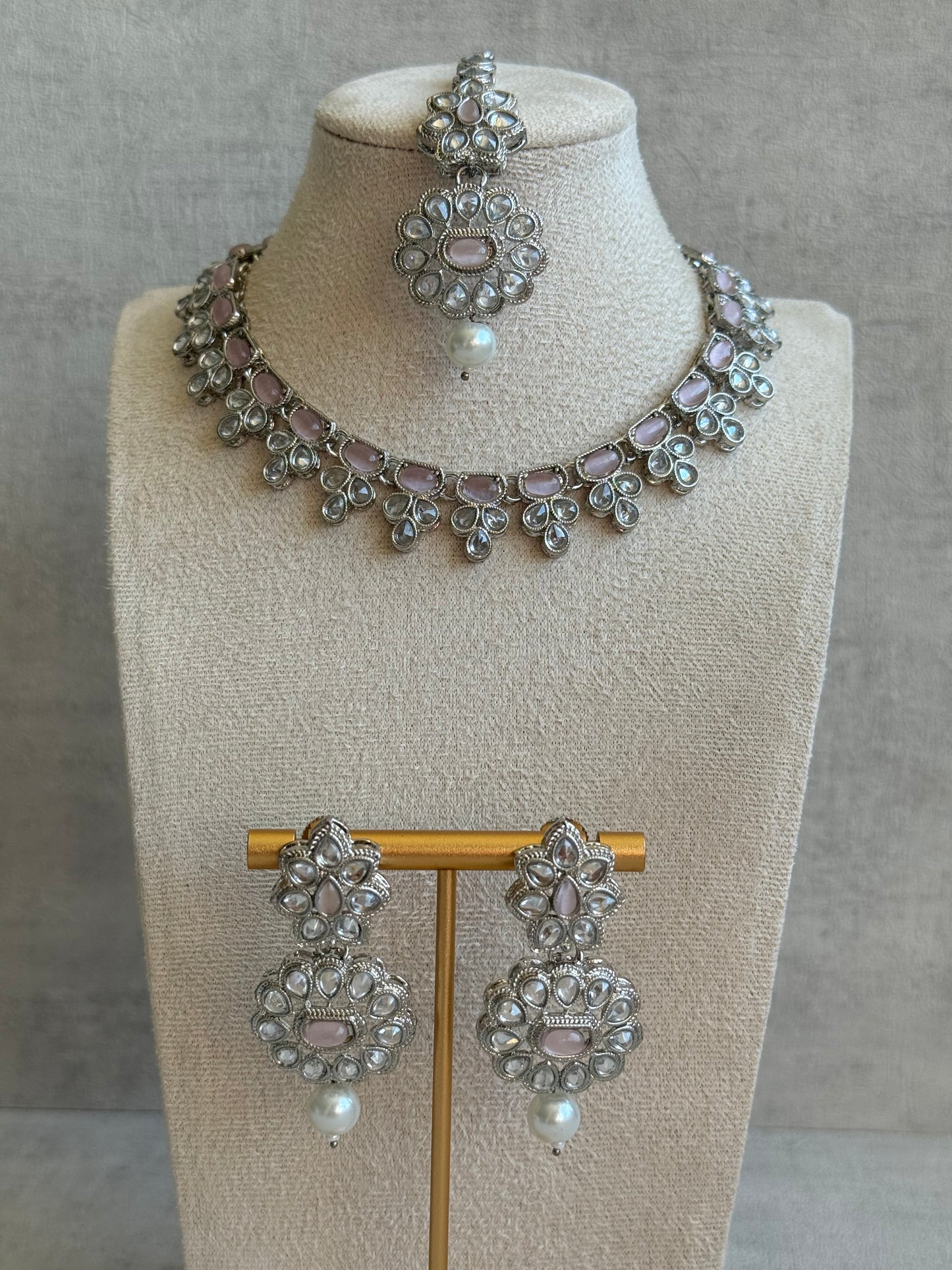 Ayura Designs Sumbul Set with Necklace, Earrings & Tikka – Blush Pink Stones, Mirror-Cut Accents & Pearl Drops